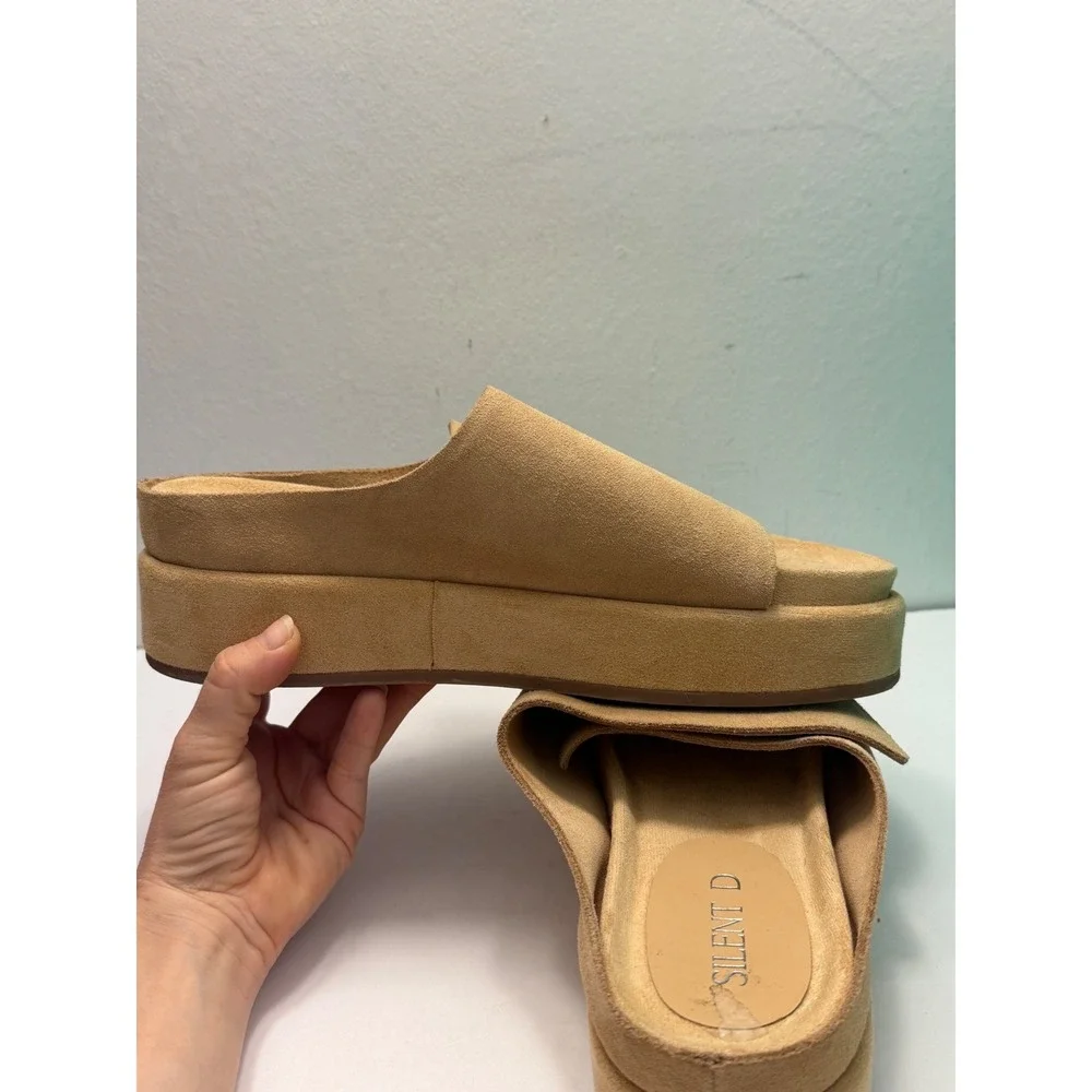 Silent D Tan Leather Platform Slide Sandals Women's EU 40 Adjustable Strap